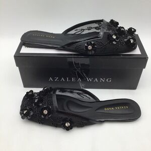 Azalea Wang Cherina Black Mesh Flat Mule‎ Floral Embellished Slide Size 9 NEW